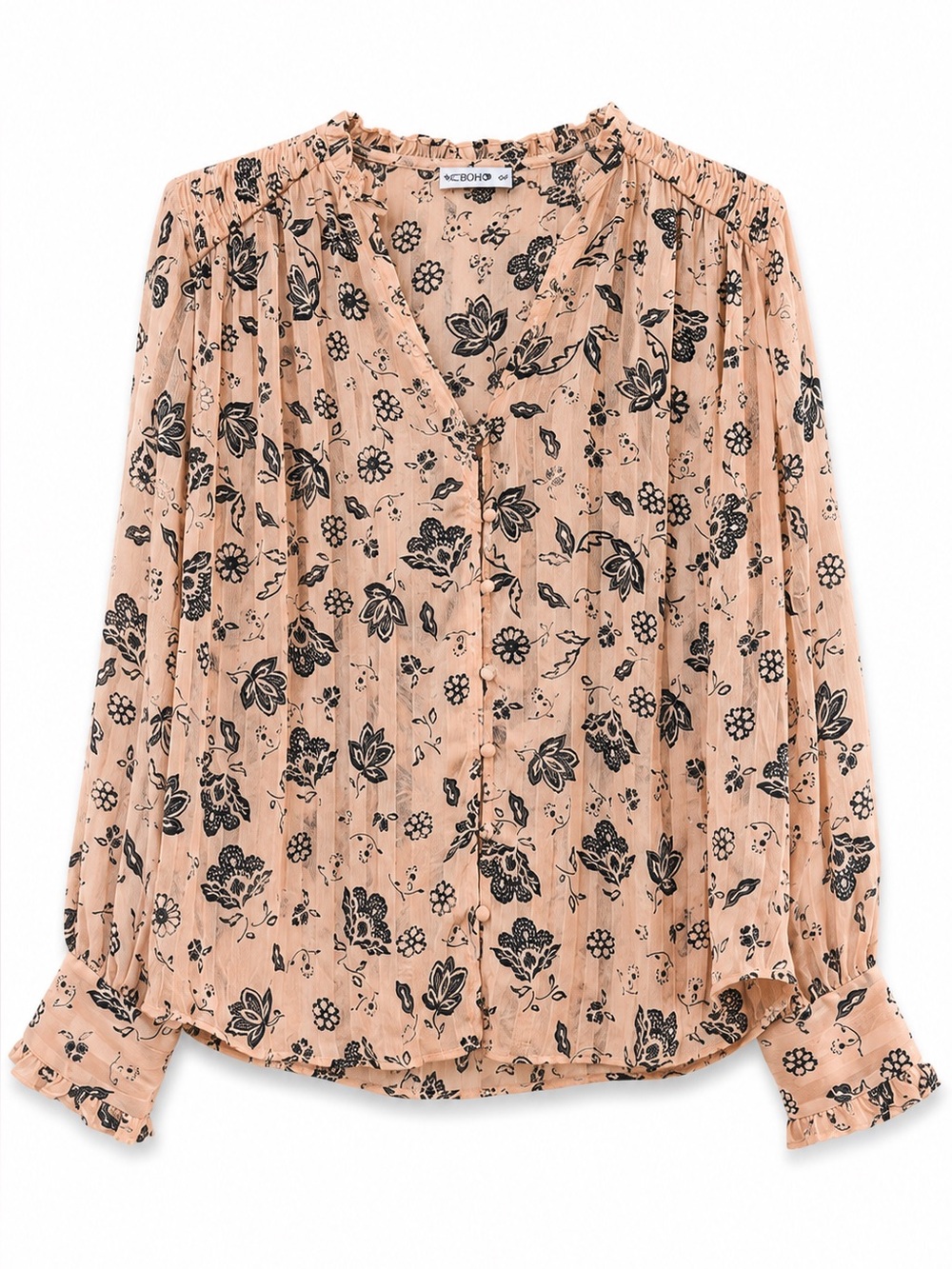 Zara V-neck Shimmer Striped Paisley Peach Blouse S